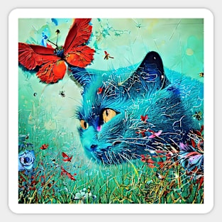 Blue cat and butterfly Sticker